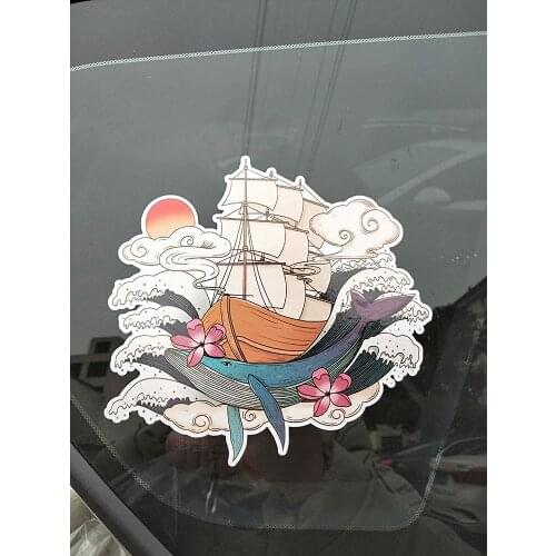 ZTTZDY 16.4cm*15.5cm Fashion Japanese Ukiyo-e style whale sailboat PVC Car Sticker YJ1-0082
