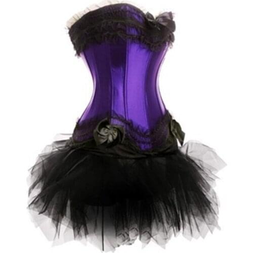 2016 Hot Sexy Satin Hot Plastic Bone Overbust Corset Dress Swan Dance Costume Corset With Tutu Skirt Set Halloween Outfit Fancy