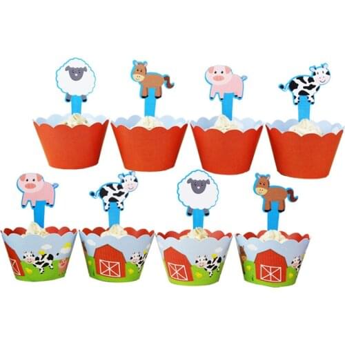24pcs/set Cartoon Farm Animal Cake Decorations Kids Favors Cupcake Wrappers Toppers Wedding Birthday Party Supplies Baby Shower