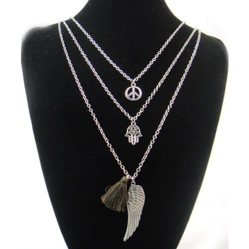 Free shipping simple multiple chain necklace with peace fatimas hand swing tassel charm layer necklace for lady women gift
