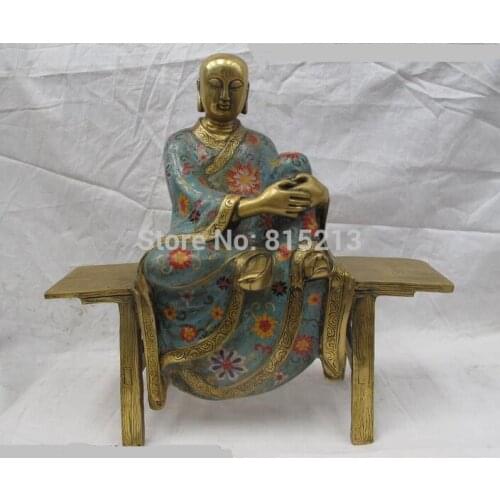 Bi0011784 15"China Bronze Copper Cloisonne Buddhism Freedom arhat Buddha Sit bench Statue