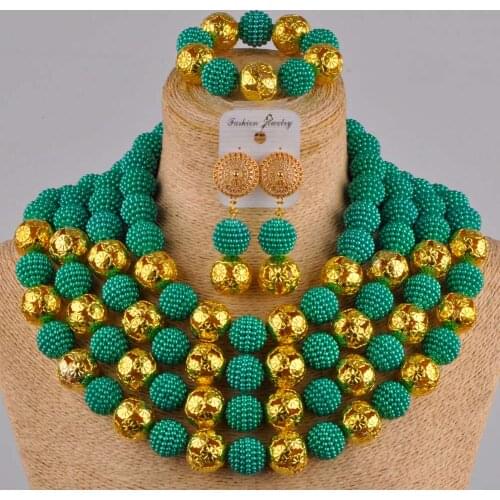 Teal green african beads necklace jewelry set simulated pearl nigerian wedding jewelry sets for women FZZ27