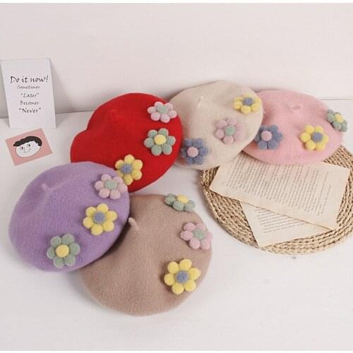 Children Girls Wool Beret Hat Warm Winter Hats for Girl Kids 2020 Fashion Elegant Flower Hat Princess Painter Cap Hats and Caps