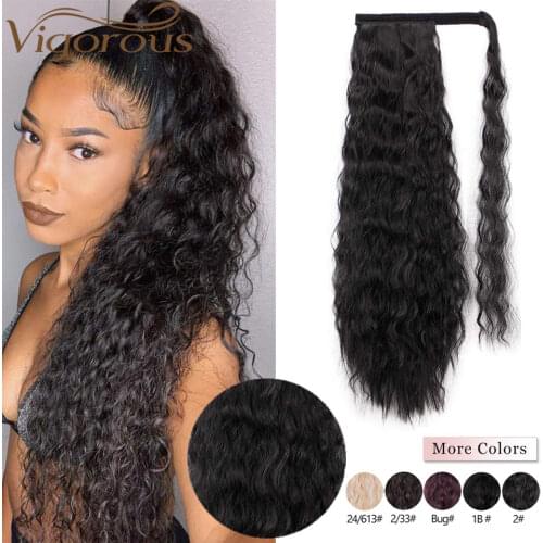 Vigorous Corn Wave Ponytail Extension Wrap Around Ponytail Extensions Long Black Wavy Synthetic Magic Paste Ponytail Hair Piece