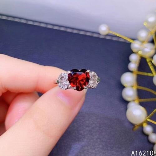 Fine Jewelry 925 Sterling Silver Inset With Natural Gems Womens Popular Noble Heart Red Garnet Adjustable Ring Support Detectio