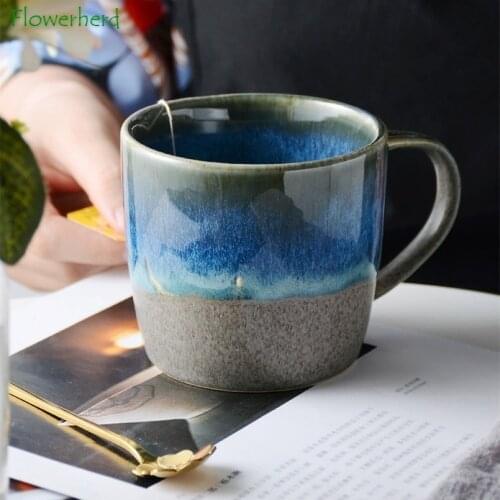 Ceramic Coffee Mug Tea Mug Home Office Water Cup Kiln Turns Blue Glaze Retro 350ml Anti-scalding Mug Teaware Coffeeware