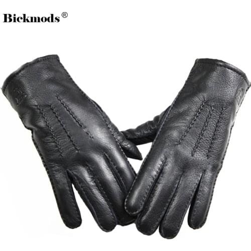 Leather gloves mens deerskin grain wool lining hand stitched striped style warm autumn and winter brown touch screen