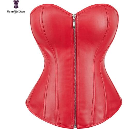 PU Leather Overbust Corset Zip Up Zipper Bustier Top Showgirl Night Clubwear Sexy Gothic Steampunk Gorset Plus Size Waist Shaper