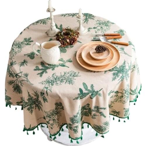 59 Inch Rustic Cotton Linen Round Tablecloth with Tassels Vintage Green Pine Leaves Printing Table Cover for Kitchen Dining Tabl
