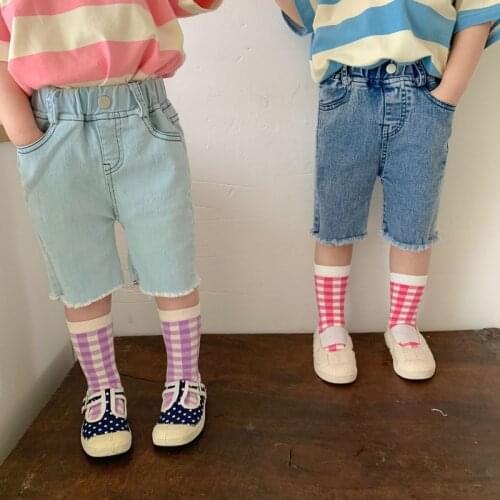 Summer fashion edged denim knee length pants for boys and girls elastic casual shorts