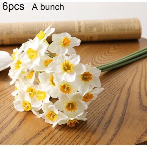 6 Heads Wedding Artificial Silk Small Narcissus Flowers Bouquet Party Home Decor Decoration Mini Fake Daffodil Flower Decor