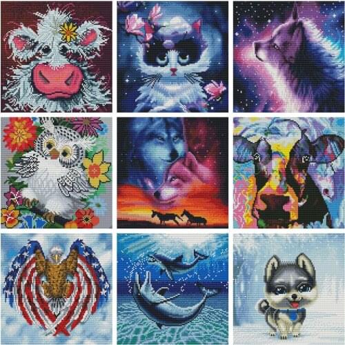 DIY cross stitch kit cartoon animal pattern wolf owl cat landscape mosaic embroidery home living room decoration Ornaments gifts