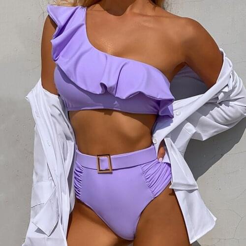 New Sexy One Shoulder Female Swimsuit High Waist Bikini Women Ruffled Swimwear Two-pieces Bikini set Belt Bather Bathing Suit