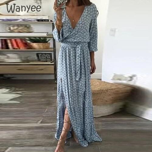 Sexy Casual Tunic Summer Beach Bohemia Women Plus Size Beach Wear Party Floor Dresses V-neck Split Print Irregular Long Skirt