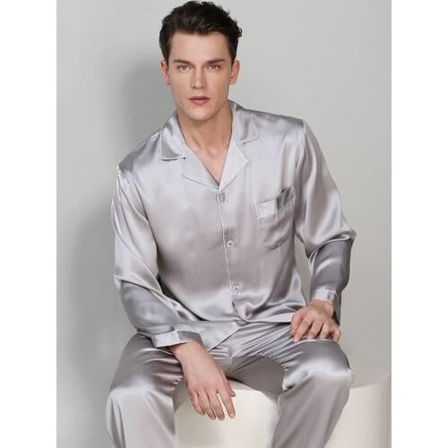 Mans Long Sleeve Genuine Silk Pajamas 19MM Heavy Silk Pyjama Sets 100% Silkworm Silk Sleepwear Male Solid Color T9002-ZB