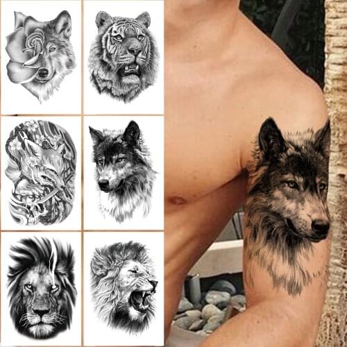 Realistic Fake Wolf Temporary Tattoo For Men Women Adult Lion Tiger Black Fox Tattoos Sticker Animal Body Art Decoration Tatoos