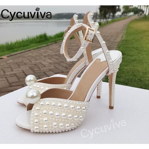 High Quality Full Pearls Sandals High Heels Party Shoes Woman Summer Peep toe Shoes Ankle Buckle Runaway Sandalias Mujer