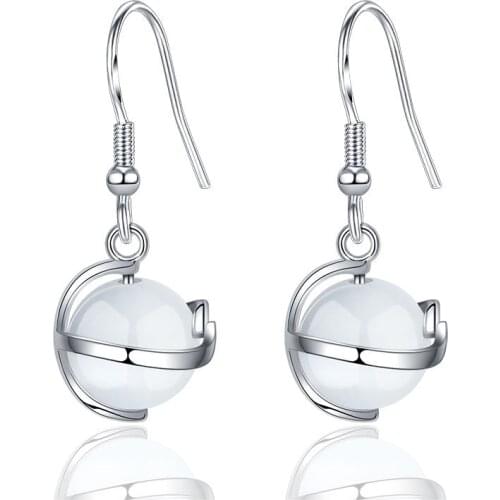 White Opals Moonlight Stone Long Round Silver Color Drop Earrings For Women Trendy Chandelier Fashion Dangle Jewelry SD2266