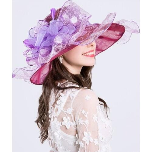Girls UV Protection Organza Hat Lady Fedoras Sun Hat Anti- UV Fashion Flower Retro Organza Sun Hats Cap Wide Brim B-8623