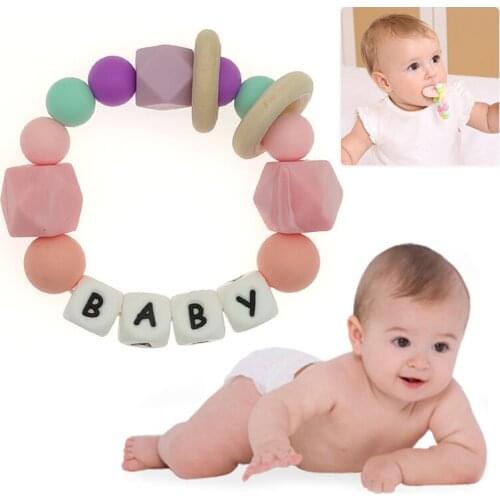 Food Grade Silicone Chews Baby Teether Dummy Pacifier Clip Chain Teething Molar Bracelet Wooden Pendant Kids Rattle Stroller Toy