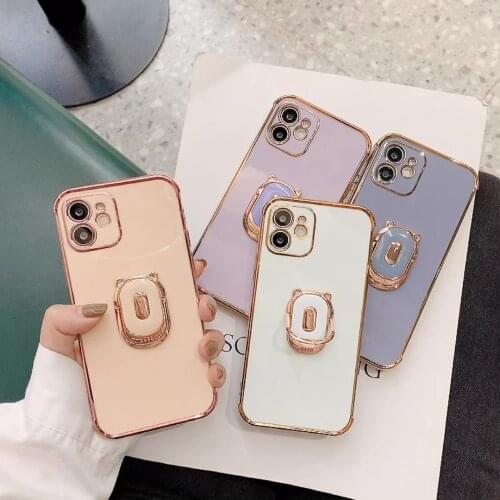 Luxury Electroplated Bear Stand Ring Silicone Phone case For Iphone 11 12 Pro MAX Mini X XR XS SE 2020 7 8 Plus Back Cover Funda