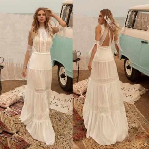 Vintage Greek Goddess Beach Wedding Dresses 2021 High Neck Crochet Lace Tassel Sleeves Fairy Skirt Bohemian Bride Wedding Gown