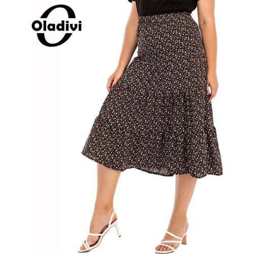Oladivi Plus Size Women Fashion Floral Print Skirts Summer 2021 Vintage Ladies Big Size High Waist Elegant Skirt Big Bottoms A17
