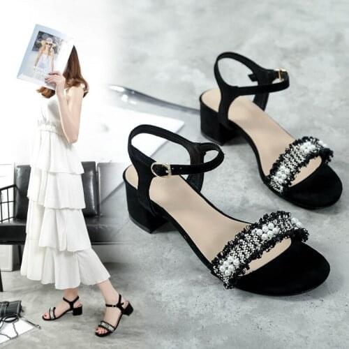 Mixed color glitter cloth gladiator sandals women med-high heels summer shoes pearl deading sandalias mujer big size 42 43NS73