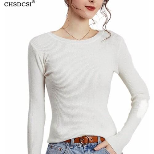 CHSDCSI Women Round Neck Long Sleeve Sweater Knitted 2021 Jumper Autumn White Black Casual Pullover Elastic Slim Top