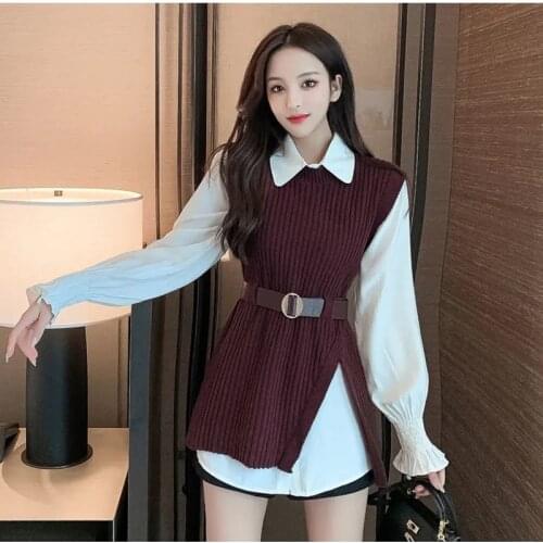 2021 Spring Autumn Womens Sweater Vest Lantern Sleeve Shirt Knitted Vest Two Piece Sets Korean Style Waistband Vest Two Sets