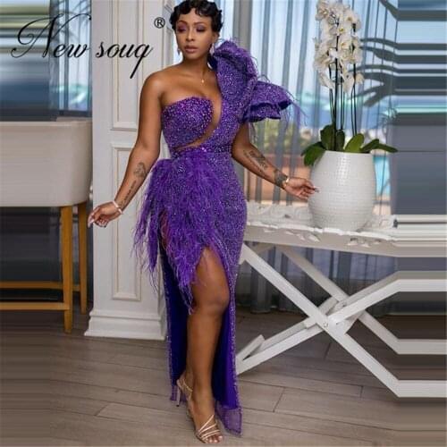 African Purple Tassels Dresses For Women Beading High Slit Dubai Couture Evening Dress Arabic Prom Gowns 2020 Vestidos De Longo