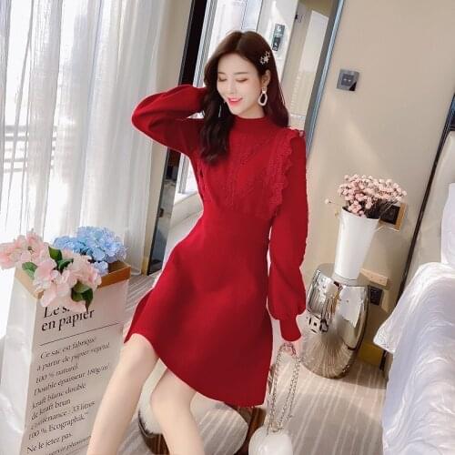 Winter women knitted basic red lace patchwork sweater dress turtleneck slim knitwear dresses female weihnachten robe pull femme