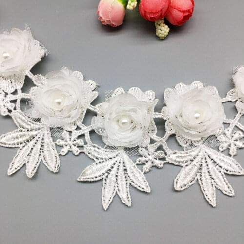 1 yard 7.8CM White Lace Ribbon Pearl Beaded 3D Flower Embroidered Lace Trim Applique Patches Fabric Sewing Craft Wedding Dress