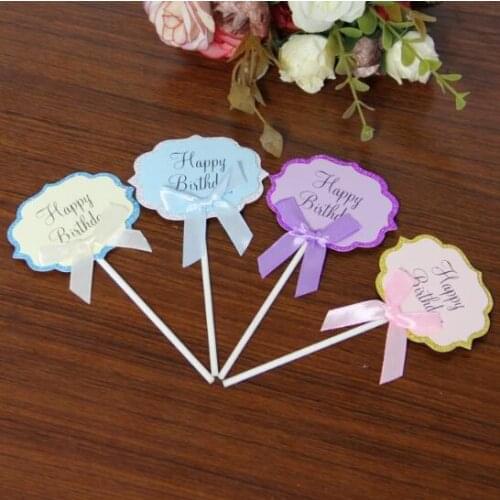 10pcs/lot New birthday Cake insert card DIY Paper Pink bow cupcake decoration for Birthday party
