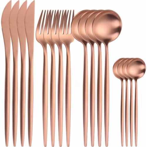 16Pc Rose Gold Matte Stainless Steel Cutlery Set Kitchen Spoon Knife Fork Dinnerware Set Restaurant Dining Western Tableware Set