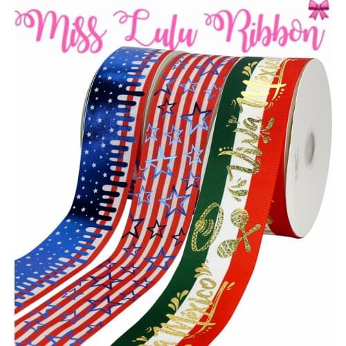 3"75mm Blue&Hologram Gold Foil National Day Star Printed Grosgrain Ribbon DIY Festival Party Hair Band Making 50yards/roll