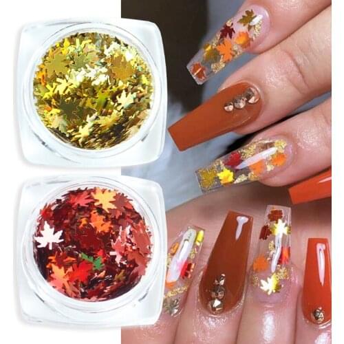 3 Boxes/lot Holographic Maple Leaf Nail Glitter Sequins Shiny Orange Gold Red Paillette Autumn 3D Manicure Nail Art Decorations