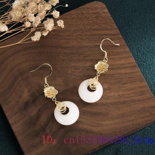 White Jade Doughnut Earrings Gemstone Natural Jewelry Chalcedony Women Fashion Zircon 925 Silver Gifts Charm Amulet Agate