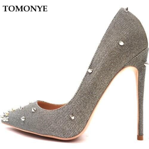 Free shipping discount brand grey shiny glitter with stud pointed toe women lady hot sale 12cm high heel shoes pump on sale