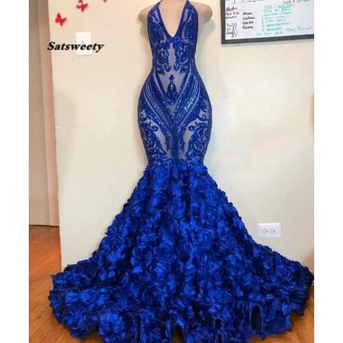 Sparkly Sequins Royal Blue Mermaid Prom Dresses See Through Deep V Neck Halter Plus Size Formal Evening Party Gowns African