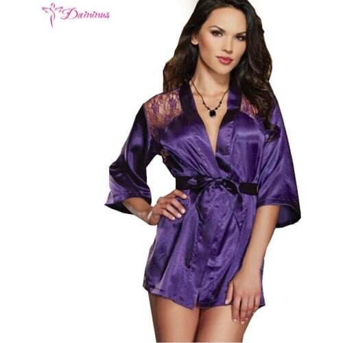 Daininus New Hot Sexy Lingerie Plus Size Satin Lace Black Kimono Intimate Sleepwear Robe Sexy Night Gown Women Erotic Underwear