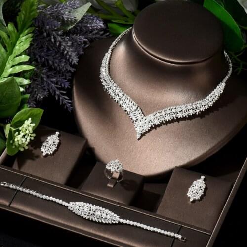 HIBRIDE Brilliant Cubic Zircon Necklace Earrings Ring and Bracelet Set Wedding Bridal Women Jewelry Dress Accessories N-149
