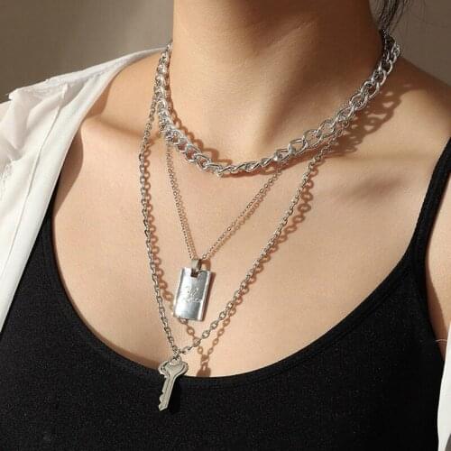 Cuban Link Chain Choker Necklace Punk Gold Collar Multilayer Padlock Key Long Pendant Necklace for Women Jewlery Accessories