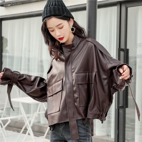Genuine leather jacket women spring autumn new Korean style loose stand-up collar big pocket cool street fashion short coat y901