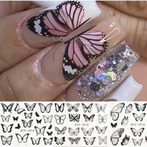 Butterfly Nail Stickers Nail Art Transfer Decals Foils Black Design Tip Wraps Sliders Acrylic Manicure Decoration