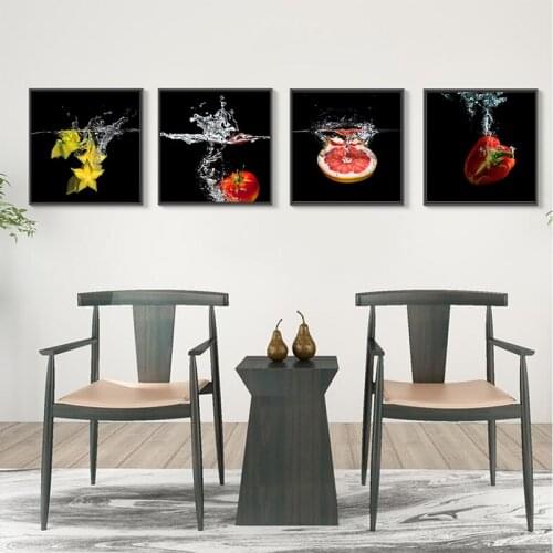 Kitchen Decor Canvas Painting Fresh Fruit in Water Picture Strawberry Lemon Grape Orange Wall Poster for Kitchen and Living Room