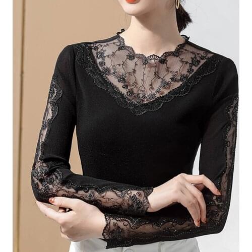 New 2021 Spring Women Lace Tops Elegant Slim Long Sleeve Patchwork Mesh T-Shirt Plus Size M-4XL Black Shirt
