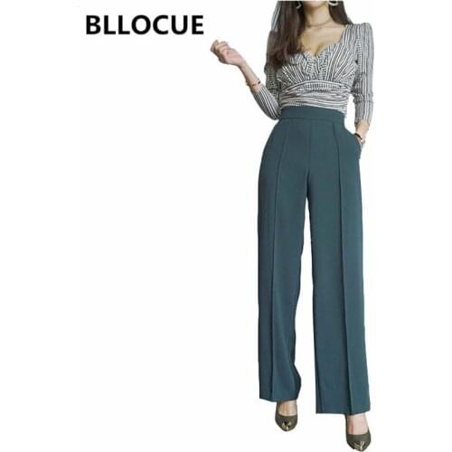 BLLOCUE Autumn Designer Womens two pieces set fashion sexy V- Neck Print Tops + Wide legPants Suit Set Casual Temperament Sets