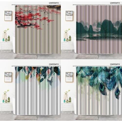 Striped Background Ink Painting Shower Curtains 3D Landscape Feather Hooks Bathroom Curtain Home Decor Cloth Bathtub Accessories