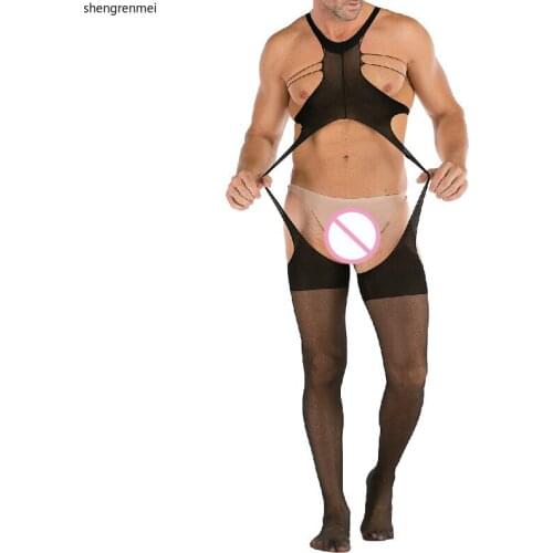 Boy Friend Sexy Pajama Open Crotch Lingerie Adult Man Jumpsuit Black Bodystockings Mens Underwear Exotic Bodysuit Sex Clothing